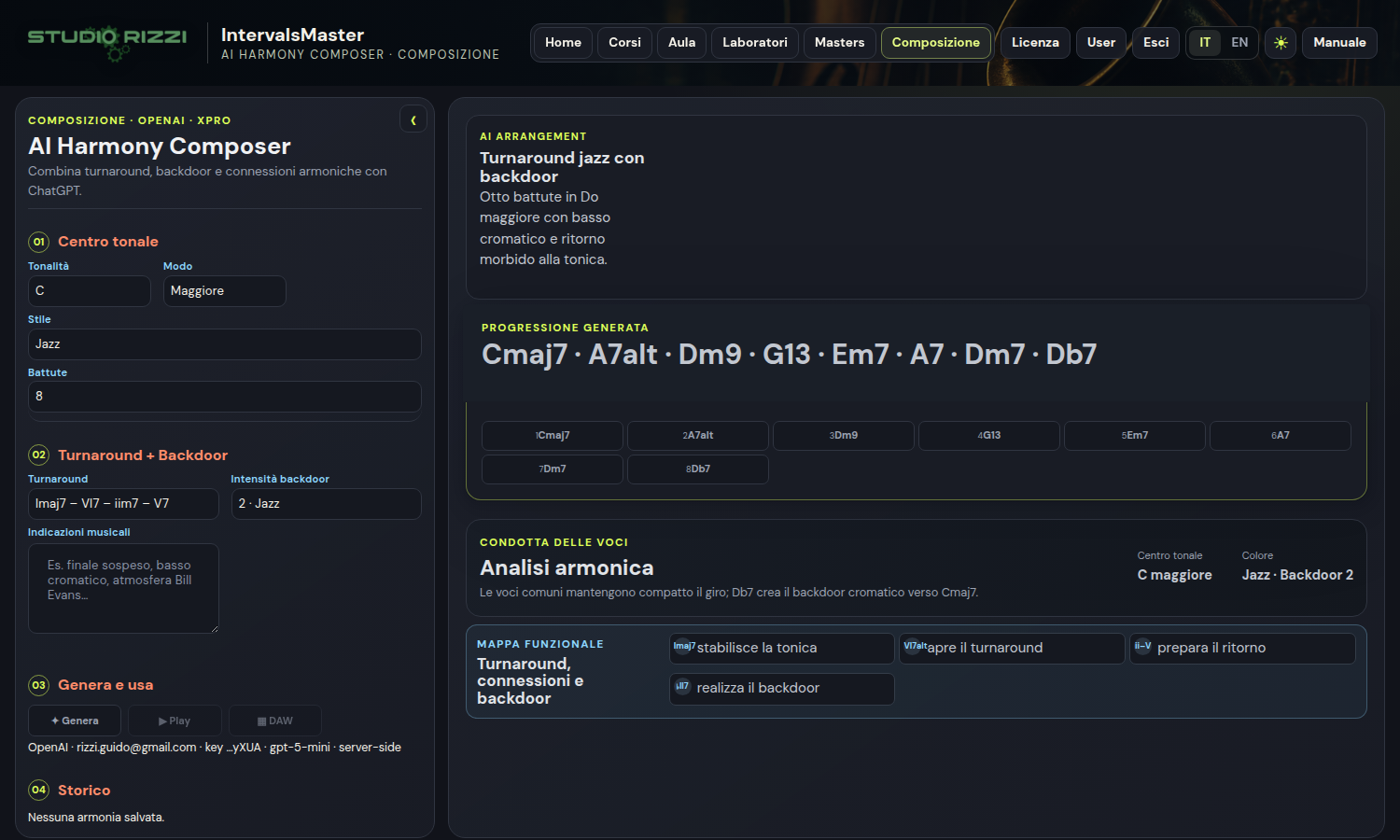 AI Harmony Composer con controlli, progressione e analisi armonica